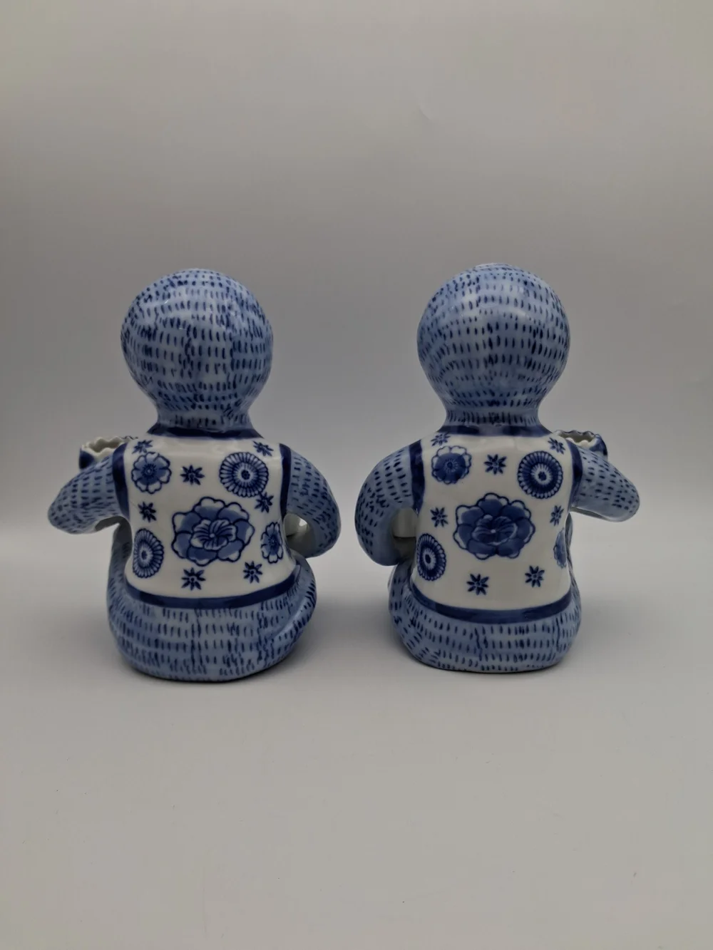 Blue and White Ceramic Monkey Candle Holder - Set of 2 - Signed